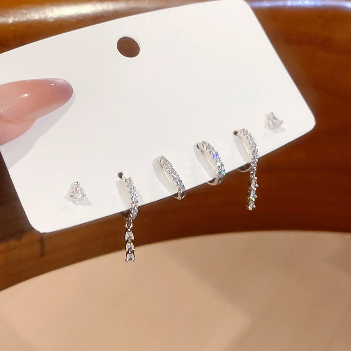 Light Luxury Copper Zircon Triangle Circle Tassel Stud Earrings Jewelry Set