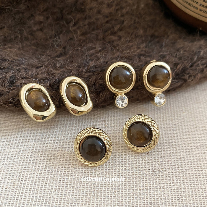 Maillard Style Resin Tiger Eye Geometric Round Oval Stud Earrings For Women