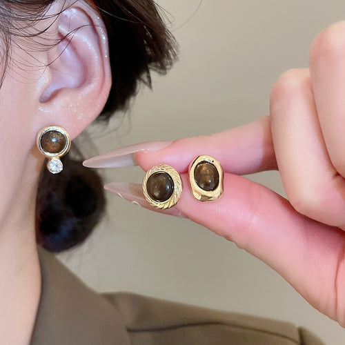 Maillard Style Resin Tiger Eye Geometric Round Oval Stud Earrings For Women