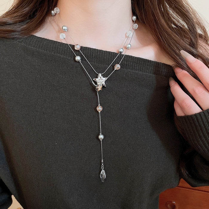 Alloy Star Pearl Waterdrop Tassel Crystal Double Layer Sweater Necklace For Women