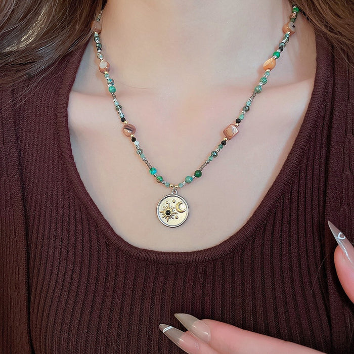 Stainless Steel Shell Beaded Round Moon Star Pendant Ethnic Vintage Sweater Necklace for Women