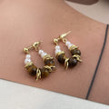 Vintage Maillard Cat Eye Stone Pearl Geometric Hoop Earrings For Women Elegant Alloy Stud Earrings view 3