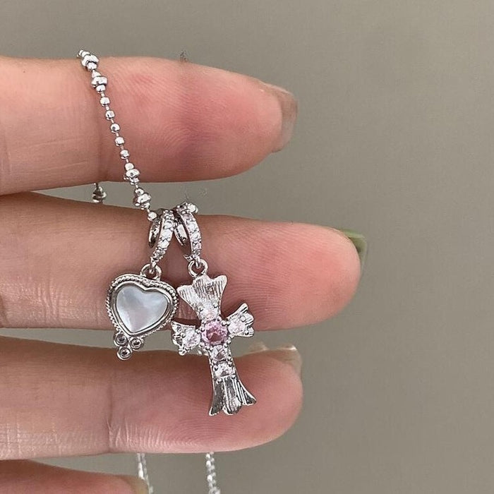 Light Luxury Zircon Cross Heart Pendant Sweater Necklace For Women