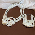 French Court Style Faux Pearl Beaded Three Layer Knotted Necklace Bracelet Jewelry Set view 2