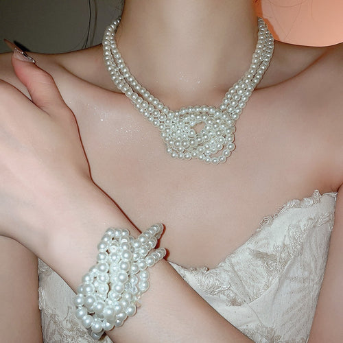 French Court Style Faux Pearl Beaded Three Layer Knotted Necklace Bracelet Jewelry Set