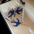 New Chinese Style Faux Pearl Swallow Waterdrop Earrings Necklace Jewelry Set for Women view 2