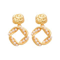 18K Gold Plated Faux Pearl Wrinkled Square Pendant Drop Earrings With Silver Needle view 5