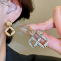 18K Gold Plated Faux Pearl Wrinkled Square Pendant Drop Earrings With Silver Needle view 2