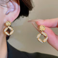 18K Gold Plated Faux Pearl Wrinkled Square Pendant Drop Earrings With Silver Needle view 4