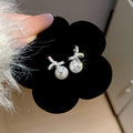 Light Luxury Bow Drop Earrings With Faux Pearl Pendant And Sparkling Zircon Geometric Design view 2