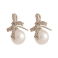 Light Luxury Bow Drop Earrings With Faux Pearl Pendant And Sparkling Zircon Geometric Design view 5