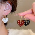 Copper Rhinestone Enamel Heart Pendant Drop Earrings Vintage Hong Kong Style Fashion Jewelry view 2