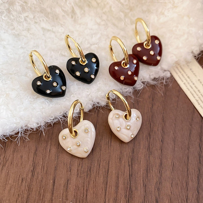Copper Rhinestone Enamel Heart Pendant Drop Earrings Vintage Hong Kong Style Fashion Jewelry