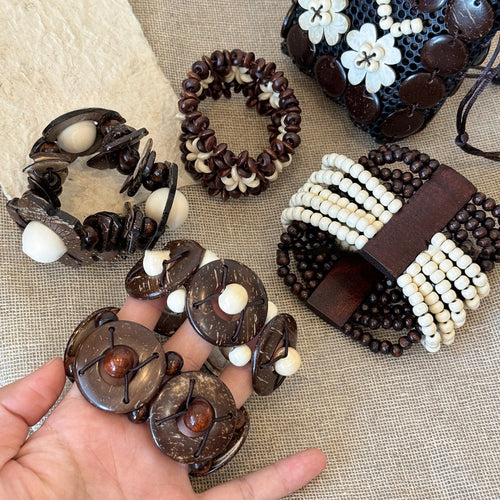 Bohemian Ethnic Wooden Bead Coconut Shell Geometric Round Woven Bangle For Women
