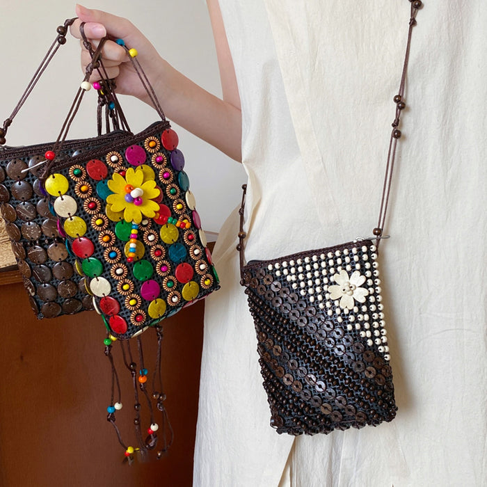 Bohemian Floral Coconut Shell Woven Coin Purse Necklace With Copper Zircon Geometric Ethnic Design