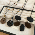 Vintage Maillard Resin Wood Bead Teardrop Round Pendant Copper Zircon Choker Necklace view 1