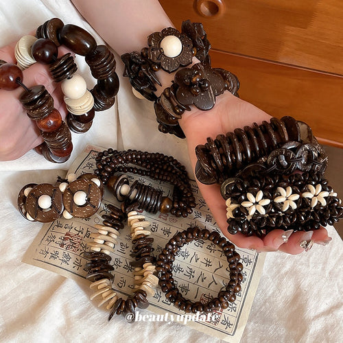 Vintage Coconut Shell Wood Bead Round Geometric Ethnic Style Bangle Bracelet