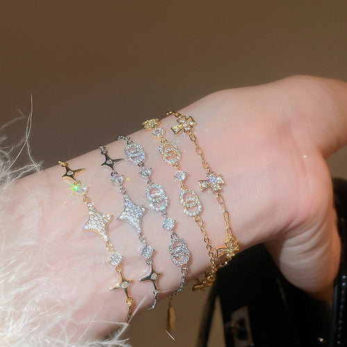 Light Luxury Copper Bangle With Sparkling Zircon Round Cross Star Pendant