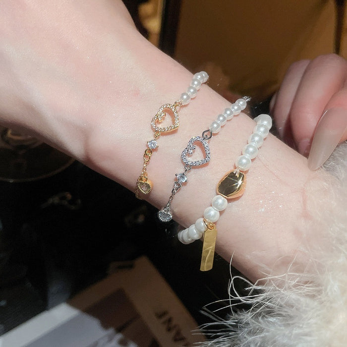 Elegant Faux Pearl Zircon Heart Pendant Bangle Bracelet For Women Luxury Geometric Jewelry