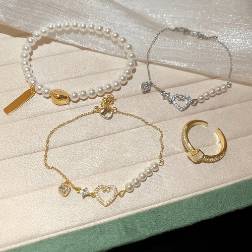 Elegant Faux Pearl Zircon Heart Pendant Bangle Bracelet For Women Luxury Geometric Jewelry