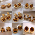 Tiger Eye Stone Geometric Round Pendant Drop Earrings With Silver Posts, Vintage Maillard Style view 3