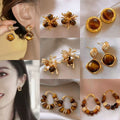 Tiger Eye Stone Geometric Round Pendant Drop Earrings With Silver Posts, Vintage Maillard Style view 1