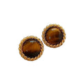 Tiger Eye Stone Geometric Round Pendant Drop Earrings With Silver Posts, Vintage Maillard Style view 5