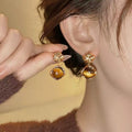 Tiger Eye Stone Geometric Round Pendant Drop Earrings With Silver Posts, Vintage Maillard Style view 4