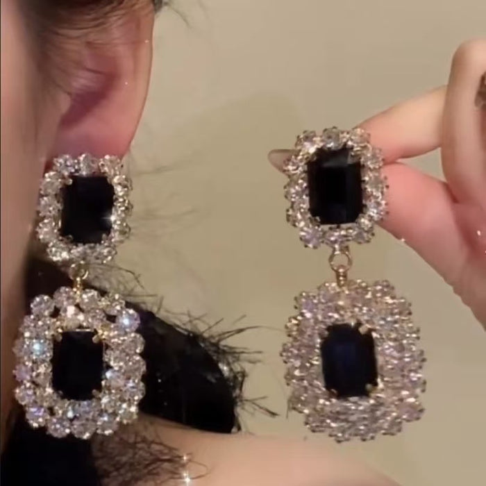 Dark Gothic Rhinestone Geometric Square Pendant Copper Clip-on Earrings