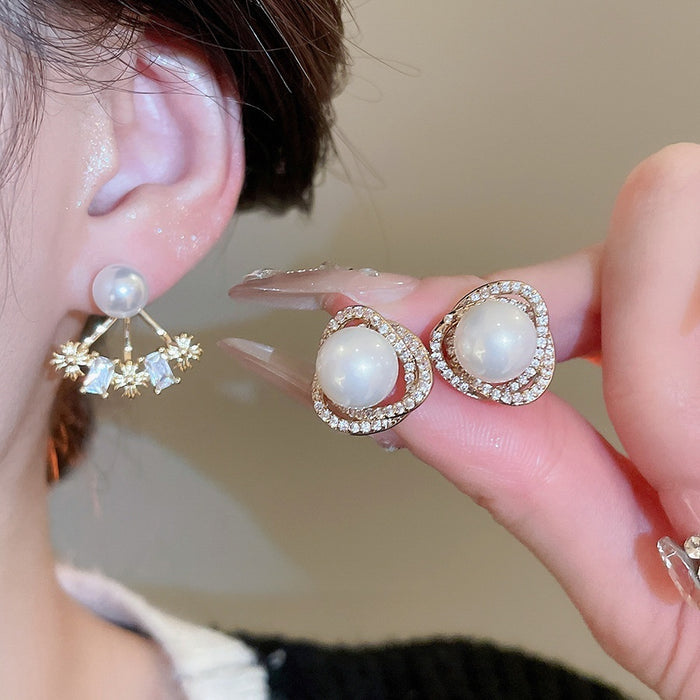 Light Luxury French Court Style Faux Pearl Zircon Flower Cross Drop Earrings for Women