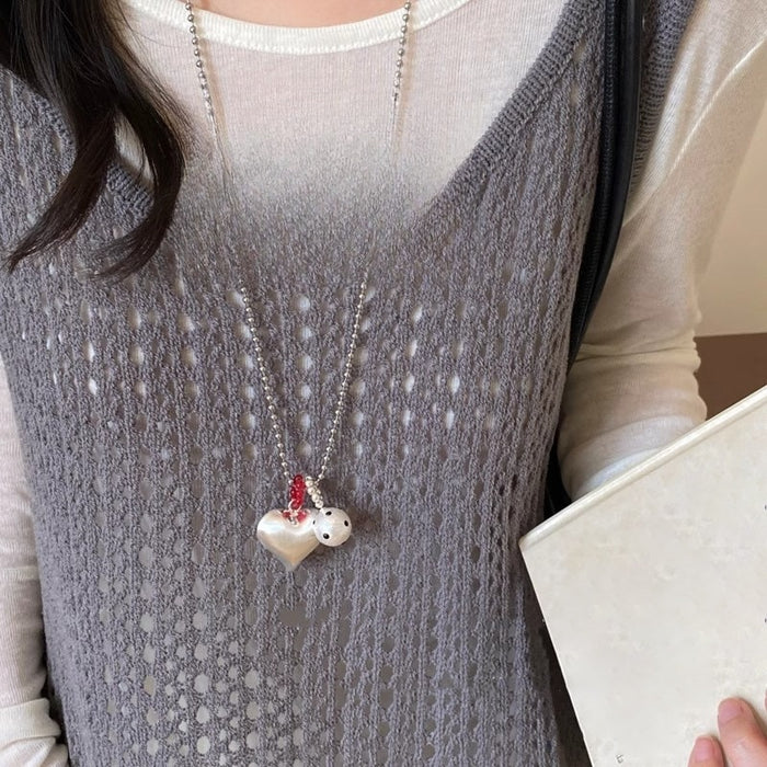 Light Luxury Faux Pearl Heart Pendant Crystal Sweater Necklace With Brushed Round Charm