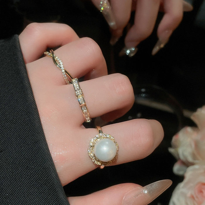 French Court Style Open Ring With Zircon Round Faux Pearl Flower Design For Women