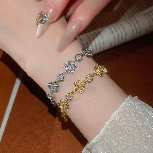 Light Luxury Copper Zircon Flower Bangle Minimalist Designer Bracelet For Women
