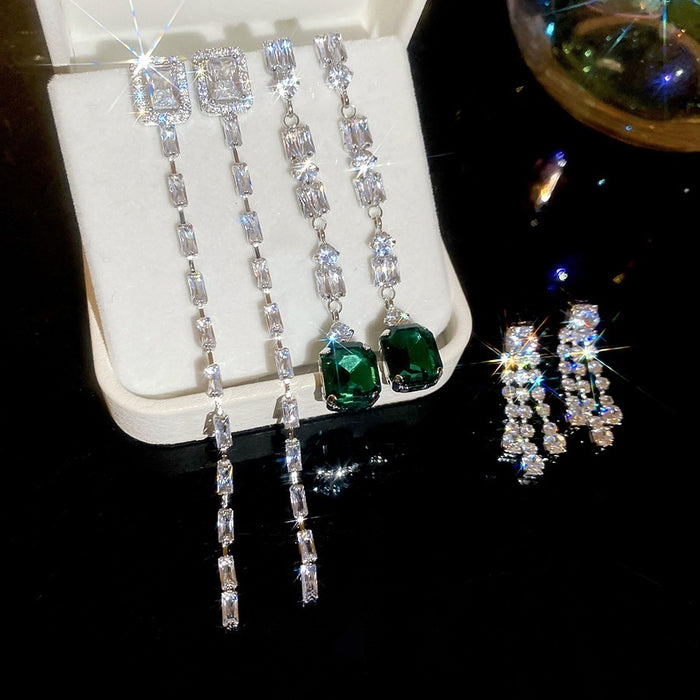 Elegant Copper Square Zircon Tassel Drop Earrings With Silver Pins For Women