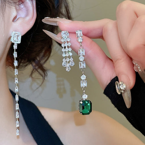 Elegant Copper Square Zircon Tassel Drop Earrings With Silver Pins For Women