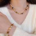 French Retro Tiger Eye Stone Faux Pearl Beaded Magnetic Clasp Necklace For Women view 2