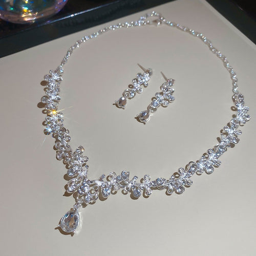 Rhinestone Flower Hollow Teardrop Drop Earrings And Necklace Set, Light Luxury Alloy Jewelry
