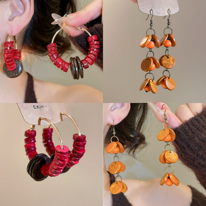 Vintage Coconut Shell Wood Bead Geometric Round Tassel Drop Earrings For Women