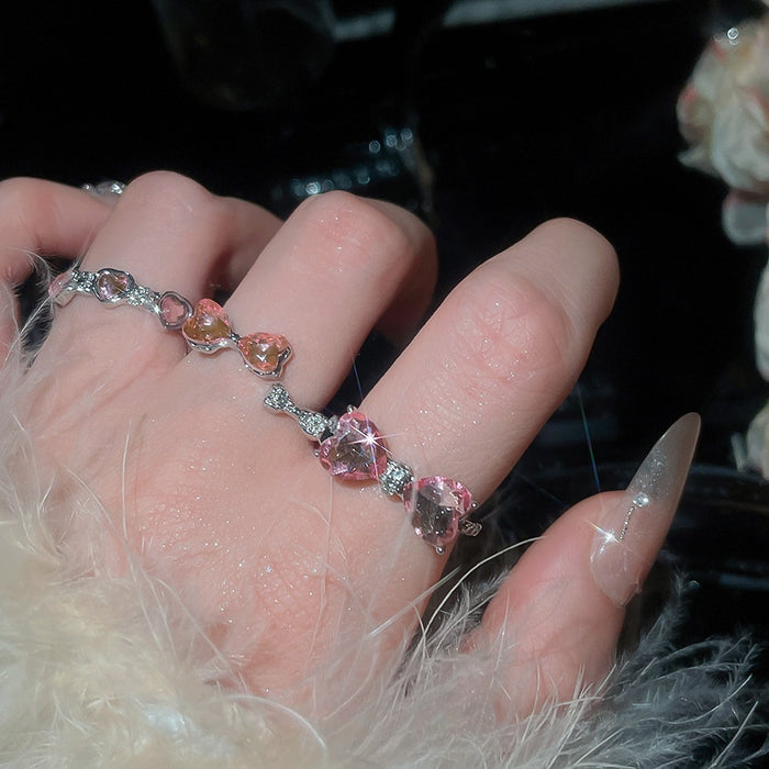 Rhinestone Heart Bow Open Ring Jewelry Set, Sweet Alloy Fashion Index Finger Rings