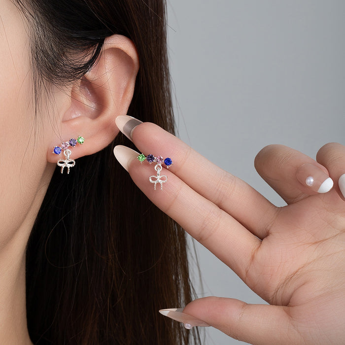 Korean Sweet Colorful Zircon Bowknot Stud Earrings For Women Elegant Small Alloy Earrings