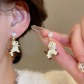 Cartoon Dog Pendant Stud Earrings With Faux Pearl Zircon Enamel And Silver Needle Posts view 4