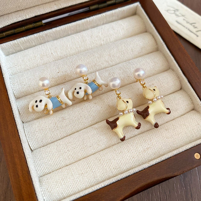 Cartoon Dog Pendant Stud Earrings With Faux Pearl Zircon Enamel And Silver Needle Posts