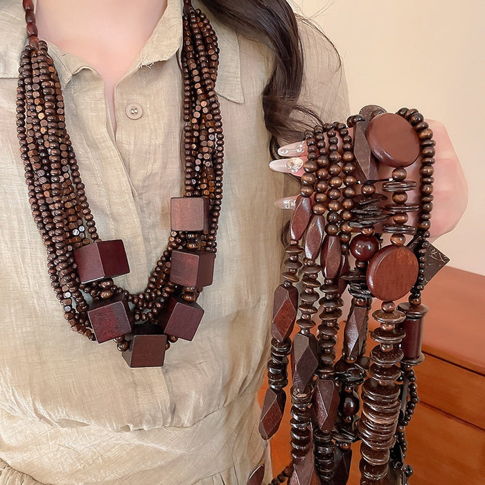 Ethnic Copper Zircon Wood Bead Diamond Coconut Shell Tassel Pendant Necklace For Women
