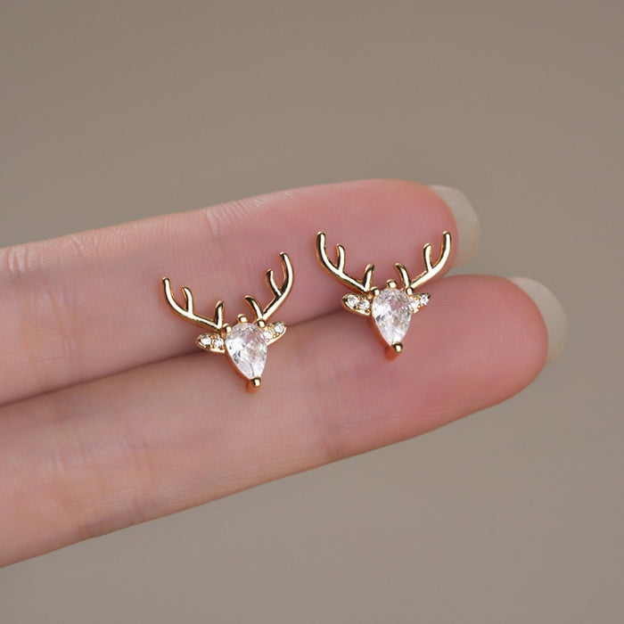 Delicate Christmas Reindeer Stud Earrings For Women Deer Antler Micro Pave Teardrop Zircon Jewelry
