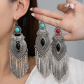 Bohemian Vintage Turquoise Alloy Teardrop Long Tassel Dangle Earrings Ethnic Statement Earrings view 1