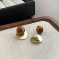 Vintage Luxury Amber Tiger Eye Acrylic Bead Gold Alloy Disc Two Way Stud Drop Statement Earrings view 3