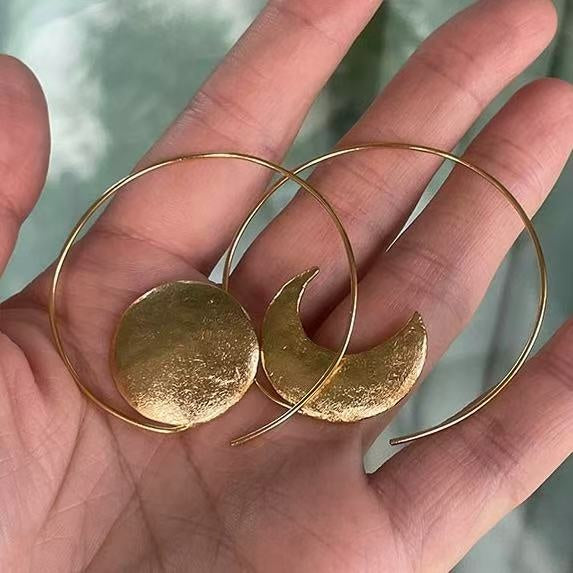 Asymmetric Sun Moon Alloy Drop Earrings For Women, Geometric Minimalist Western Style