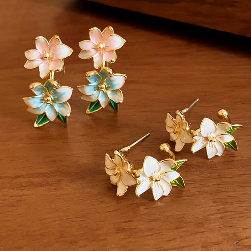 Alloy Enamel Flower Leaf Stud Earrings Fresh Forest Style Sweet Elegant Light Luxury Jewelry