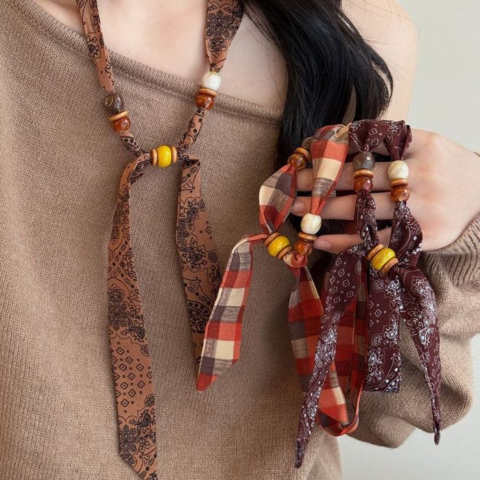 Bohemian Fabric Chiffon Wood Bead Sweater Necklace For Women Vintage Ethnic Round Geometric Choker