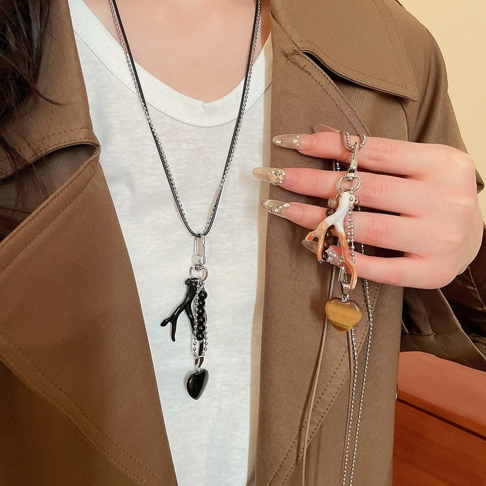 Vintage Heart Branch Stone Beaded Double Layer Chain Sweater Necklace For Women